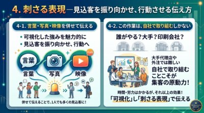 可視化した強みを言葉・写真・映像で併せて伝えることと、その作業は外注ではなく自社で取り組むしかないことを示した図解。