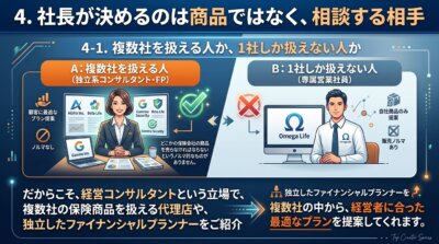 複数社を扱える独立系の相談相手と、1社しか扱えない専属営業社員を並べ、社長が決めるのは商品ではなく相談する相手だと示した図解。