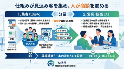 入口は仕組みが担い手を挙げた後は人が担う分業と、きっかけ・読んだ記事・悩みを営業へ引き継いで導線経営®として一本につなぐ流れを示した図解。