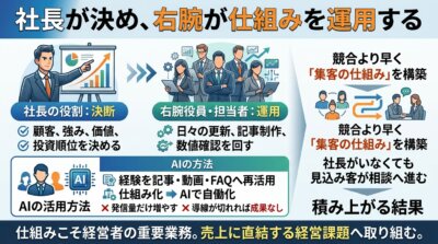 社長は顧客・強み・価値・投資順位を決め、右腕が日々の更新と記事制作と数値確認を運用するという役割分担と、AIの活用範囲を示した図解。