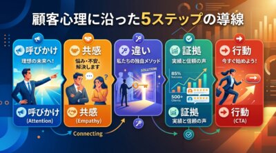 顧客心理に沿った5ステップの導線を示す図解。呼びかけ、共感、違い、証拠、行動(CTA)の順に並び、ばらばらの見出しではないことを表す。