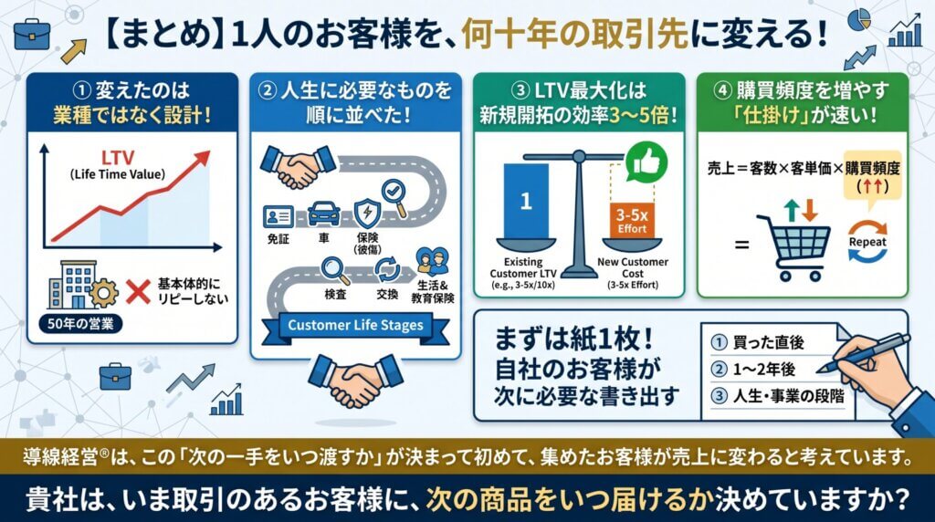 業種ではなく設計を変え、人生に必要な物を順に並べ、紙1枚で次に必要な物を書き出す手順で1人の客を何十年の取引先に変える方法を示した図解。