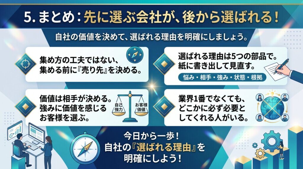 選ばれる理由の5要素を紙に書き出し、価値は相手が決めるという前提で自社の強みに価値を感じる客を選ぶ手順を示した図解。