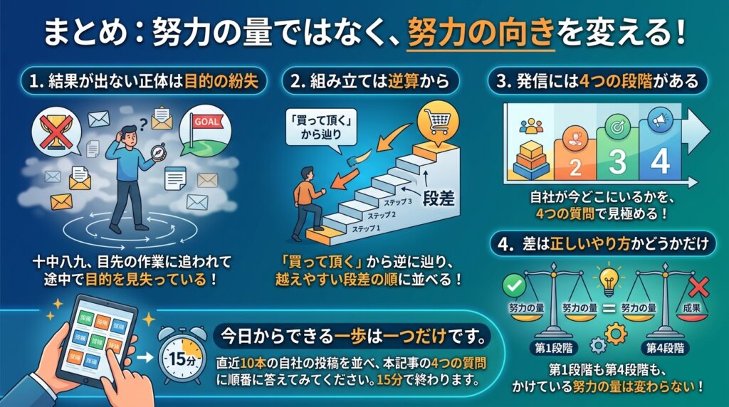 結果が出ない正体は目的の紛失・組み立ては逆算から・発信には4つの段階がある・差は正しいやり方かどうかだけ、という4つの要点をまとめた図解。
