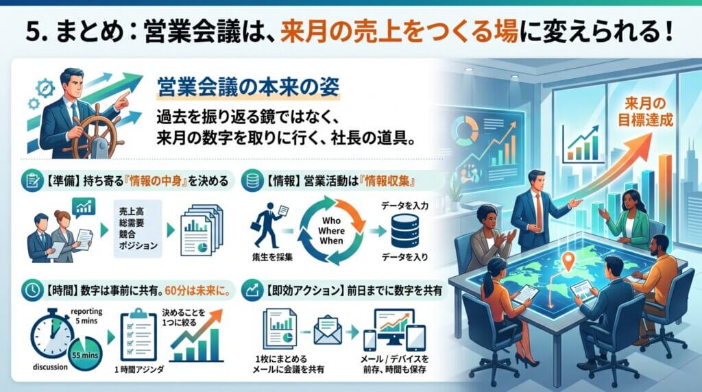 営業会議を持ち寄る情報の中身から設計し直し、来月の数字を取りに行く社長の道具に変える手順を示した図解。