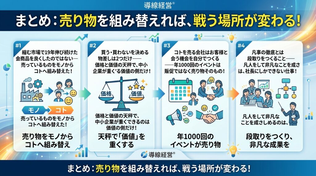 売り物をモノからコトへ組み替える・天秤で価値を重くする・年1000回のイベントが売り物そのもの・段取りをつくり非凡な成果を出すという4つの要点をまとめた図解。