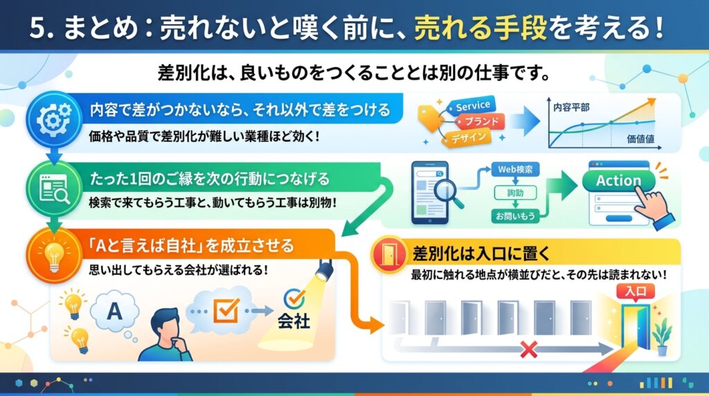 内容以外で差をつける・1回のご縁を次の行動につなげる・「Aと言えば自社」を成立させる・差別化は入口に置くという4つの要点をまとめた図解。