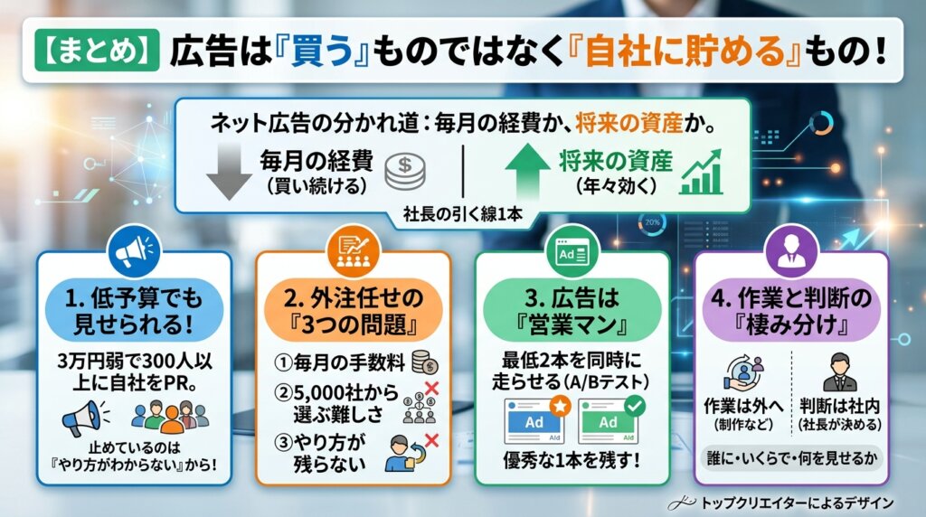 低予算でも見せられる・外注任せの3つの問題・広告は営業マン・作業と判断の棲み分けという4つの要点と、広告は買うものではなく自社に貯めるものだとまとめた図解。