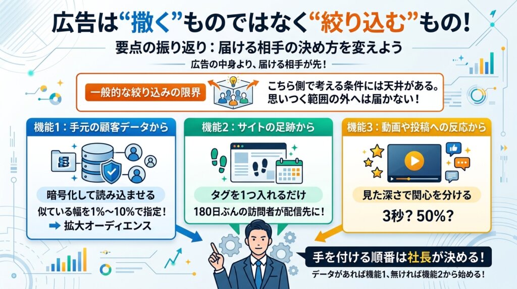 一般的な絞り込みには天井がある・手元の顧客データ・サイトの足跡・動画や投稿への反応の3機能と、手を付ける順番は社長が決めるという要点をまとめた図解。
