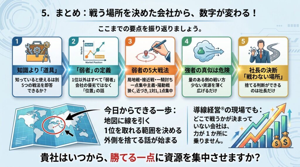 知識より道具として弱者の5大戦法を使い、社長が戦わない場所を決めて勝てる一点に資源を集中させる手順を示した図解。