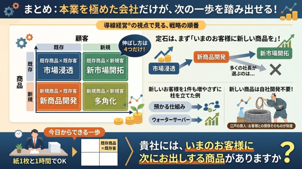 伸ばし方は商品×顧客の4つの型しかなく、定石は新しいお客様より先に今のお客様へ新商品を出すことだと示した図解。