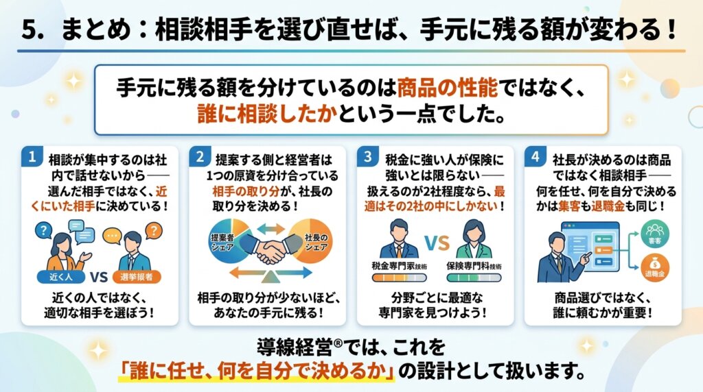手元に残る額を分けているのは商品の性能ではなく誰に相談したかという一点であり、近くにいた相手ではなく適切な相手を選ぶことを4つの要点でまとめた図解。