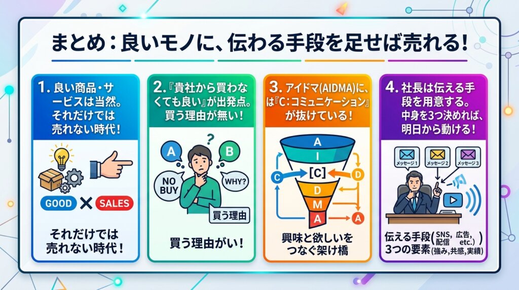 良い商品だけでは売れない・「貴社から買わなくてもよい」が出発点・アイドマに抜けているのはCのコミュニケーション・社長は伝える手段を用意するという4つの要点をまとめた図解。