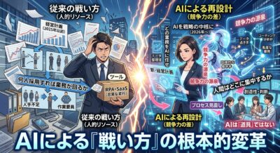 AIによって経営計画の前提が変わることを示す図解。人的リソース前提の計画から、どの業務をAIに任せるかを軸にした計画への移行を表している。