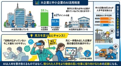 大企業のAI活用率59.1%に対し中小企業は32.3%という格差と、中小企業の65.6%が人手不足を訴えている実態を示すデータ図解。