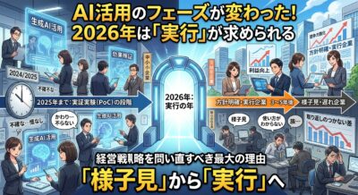 2025年までのPoC段階から2026年の「実行の年」へAI活用のフェーズが移行することを示す図解。