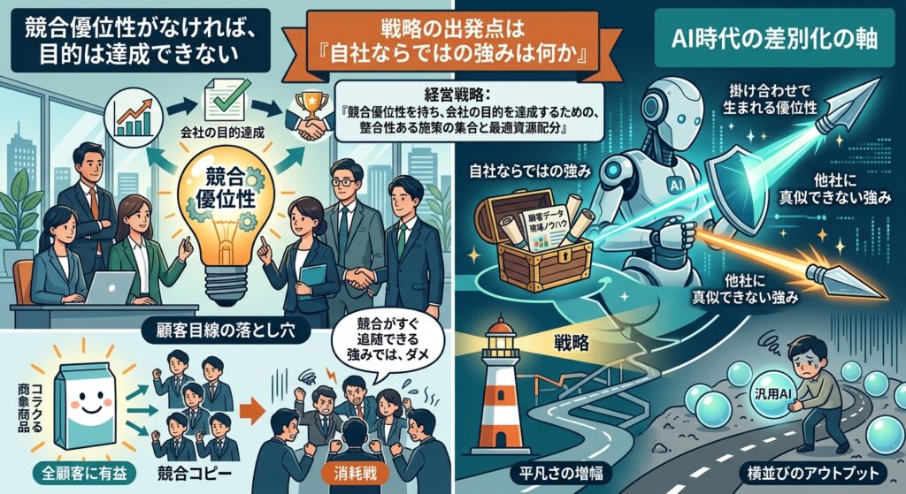AI時代の経営戦略の要点をまとめた図解。競合優位性を軸に、企業経営の3つの定義を土台として固める流れを示している。
