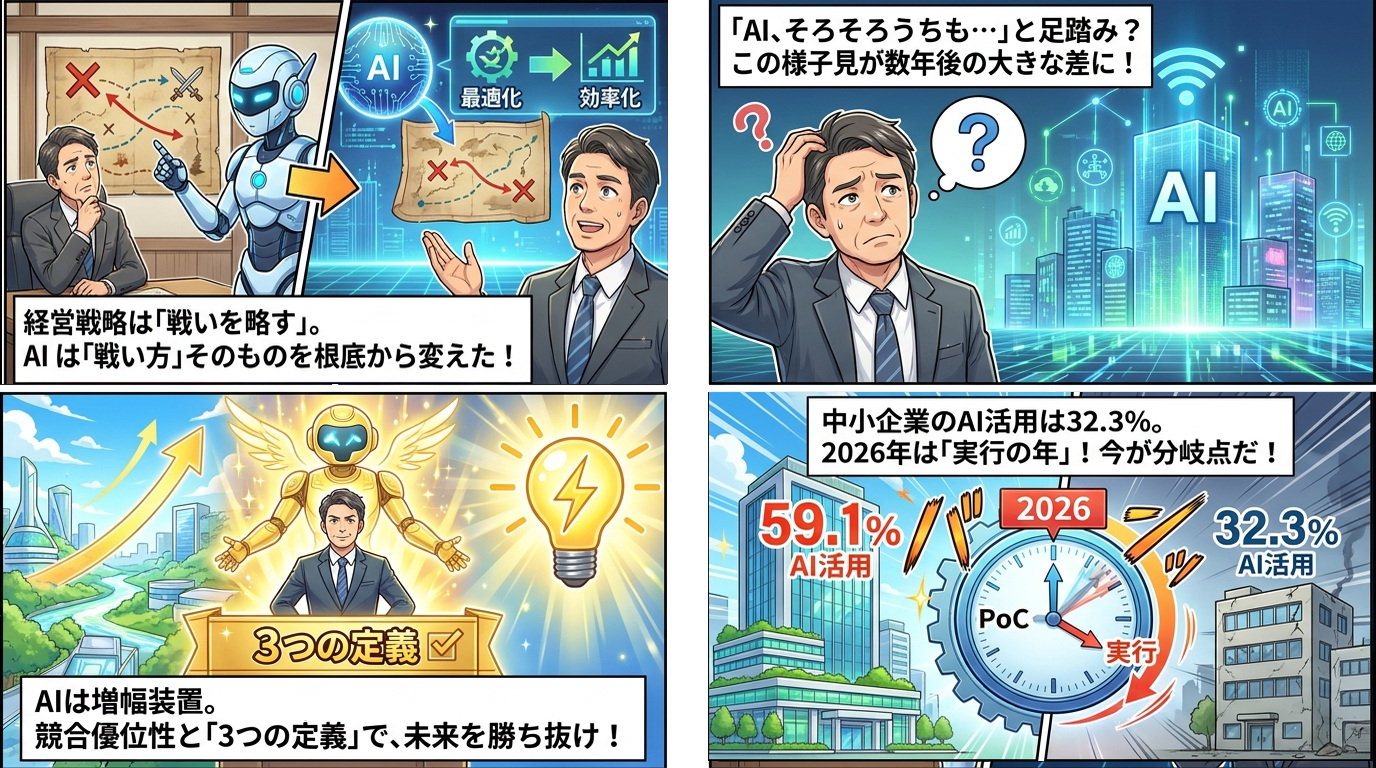 中小企業のAI活用と経営戦略の重要性を説く4コマ形式のビジネス啓発画像。