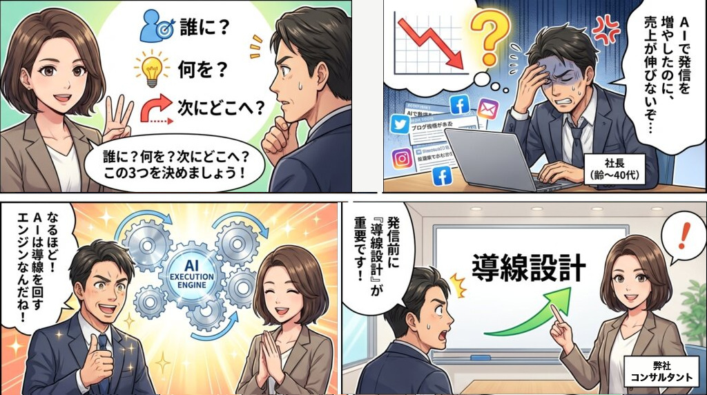 AIで発信を増やしても売上が伸びず悩む社長に、発信前の導線設計と「誰に・何を・次にどこへ」の3つを決める大切さを中丸が伝え、AIは導線を回すエンジンだと納得する4コマ漫画