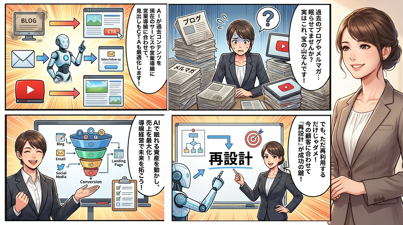 AIを活用して過去のブログやメルマガを再設計し、マーケティングファネルを最適化して売上を上げるプロセスを描いた4コマ漫画。