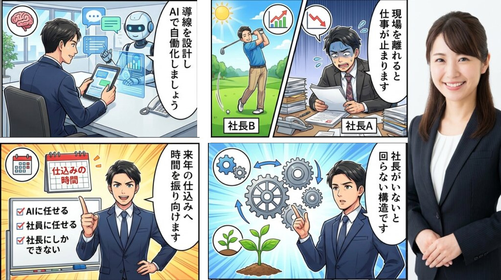 現場を離れられない社長が、社長がいないと回らない構造に気づき、導線設計とAIの自働化で仕組みをつくる決意に至るまでを描いた4コマ漫画。