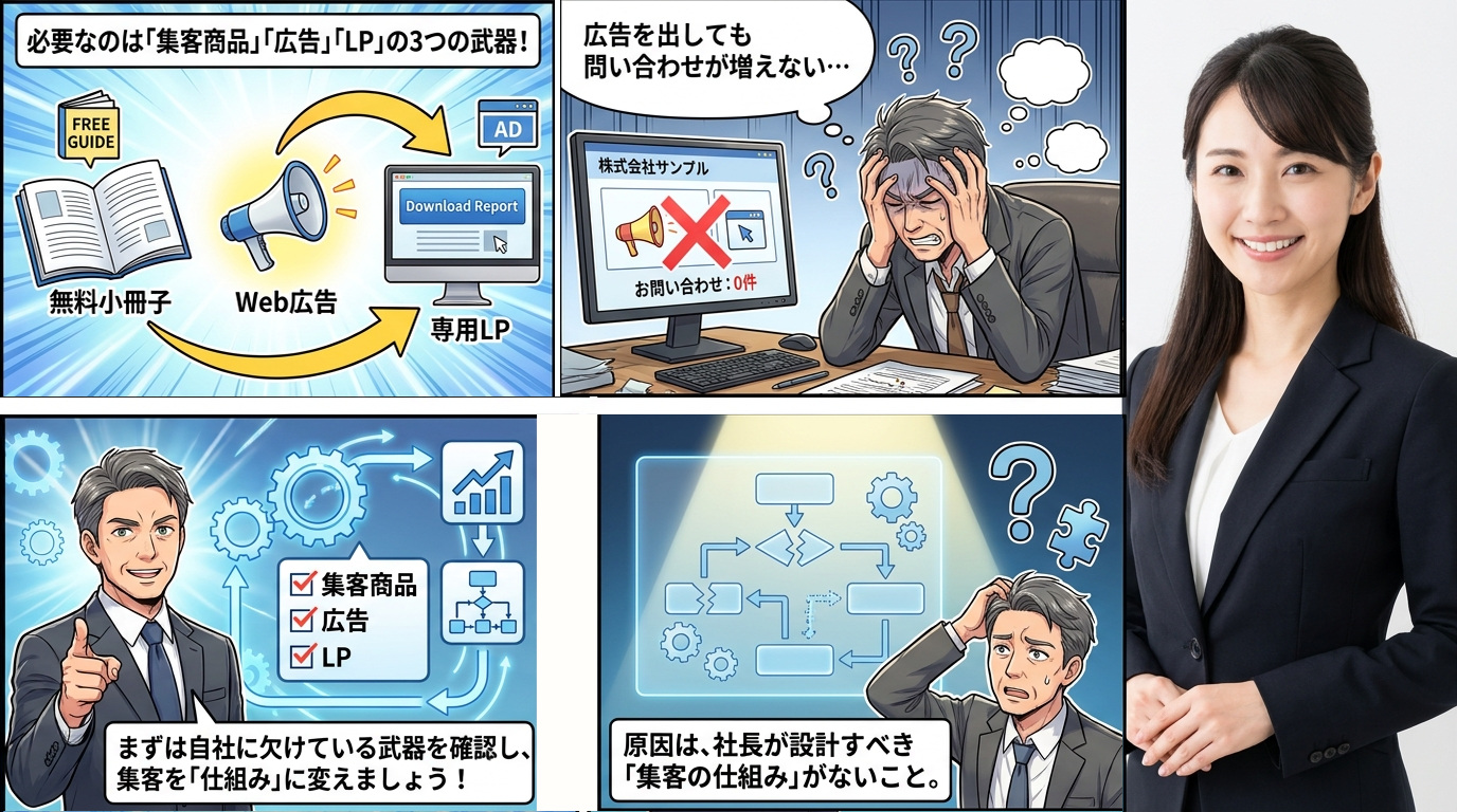 WEB集客の仕組みを解説する4コマ漫画。悩む社長と解決策として集客商品、広告、LPの重要性を説く構成。