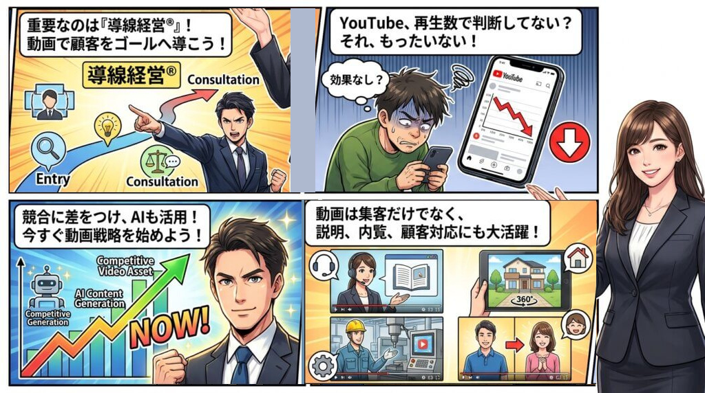 動画活用と導線経営の重要性を解説する4枚のビジネス漫画風パネル図