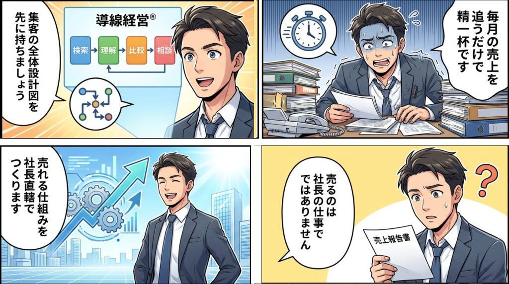毎月の売上を追うだけで精一杯の社長が、売るのは社長の仕事ではないと気づき、集客の全体設計図を持って売れる仕組みを社長直轄でつくる4コマ漫画。