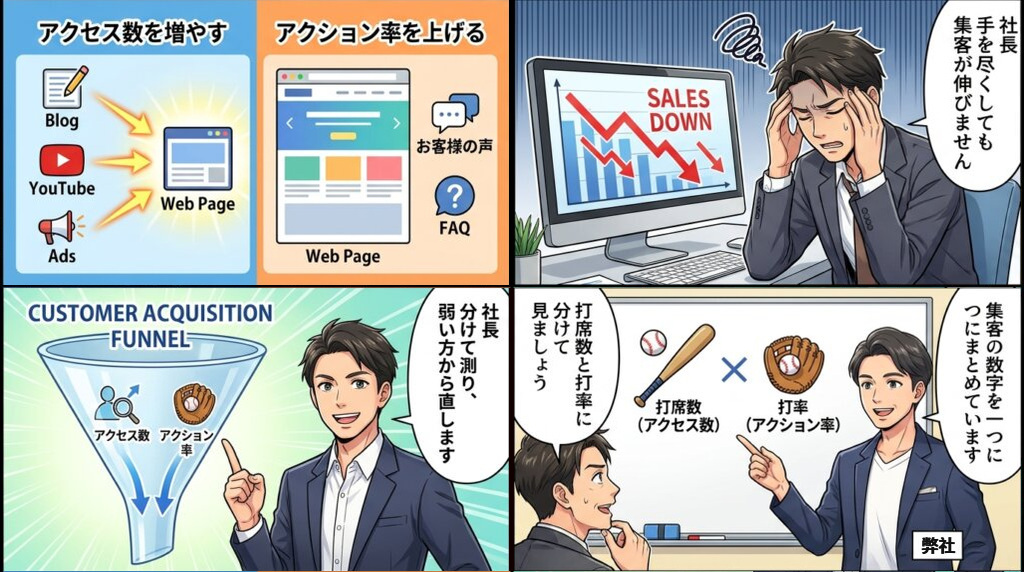 集客が伸びない社長が、集客の数字を一つにまとめていた誤りに気づき、打席数と打率に分けて弱い方から直す方針へ変わる4コマ漫画。