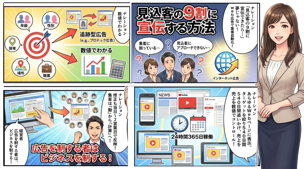 見込客の9割に宣伝する方法を解説する4コマ漫画。集客に困る経営者に対し、web広告が24時間365日稼働してターゲットを絞り、追跡型広告で数値がわかり、当日から修正できることを説明している。