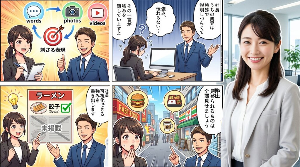 自社の業界は特殊で強みを説明しづらいと悩む社長が、その一言が強みを隠していると気づき、可視化できる強みを書き出す4コマ漫画。