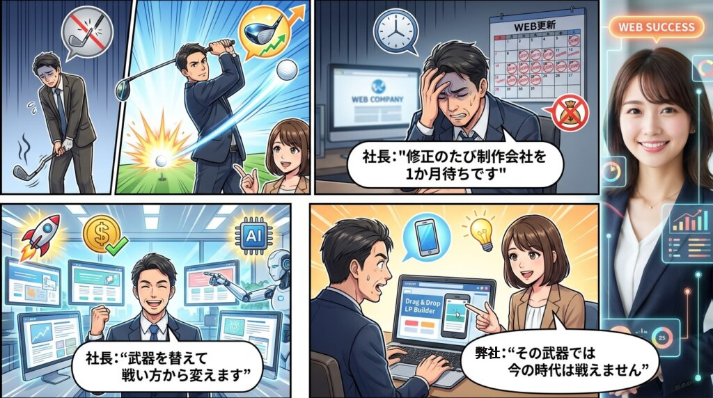 修正のたび制作会社を1か月待つ社長が、その武器では今の時代は戦えないと知り、スマホで見やすく自社ですぐ直せる内製化へ切り替える4コマ漫画。