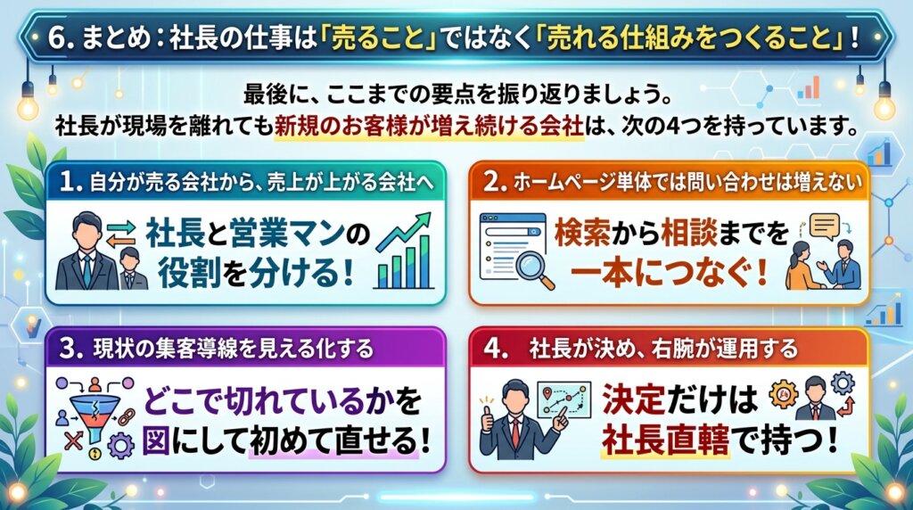 社長と営業マンの役割を分ける・検索から相談までを一本につなぐ・集客導線を見える化する・決定は社長直轄で持つという4つの要点をまとめた図解。