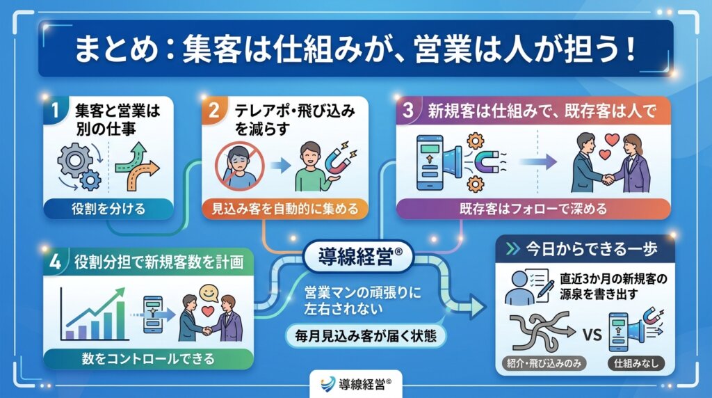 集客と営業は別の仕事・テレアポを減らす・新規客は仕組みで既存客は人で・役割分担で新規客数を計画という4つの要点と、今日からできる一歩をまとめた図解。