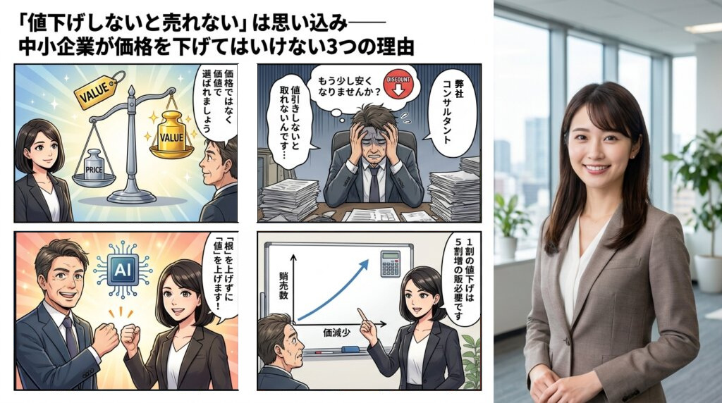 「値下げしないと売れない」と悩む社長に、コンサルタントが1割の値下げには5割増の販売が必要だと数字で示し、価格ではなく価値で選ばれる会社を目指そうと伝える4コマ漫画。