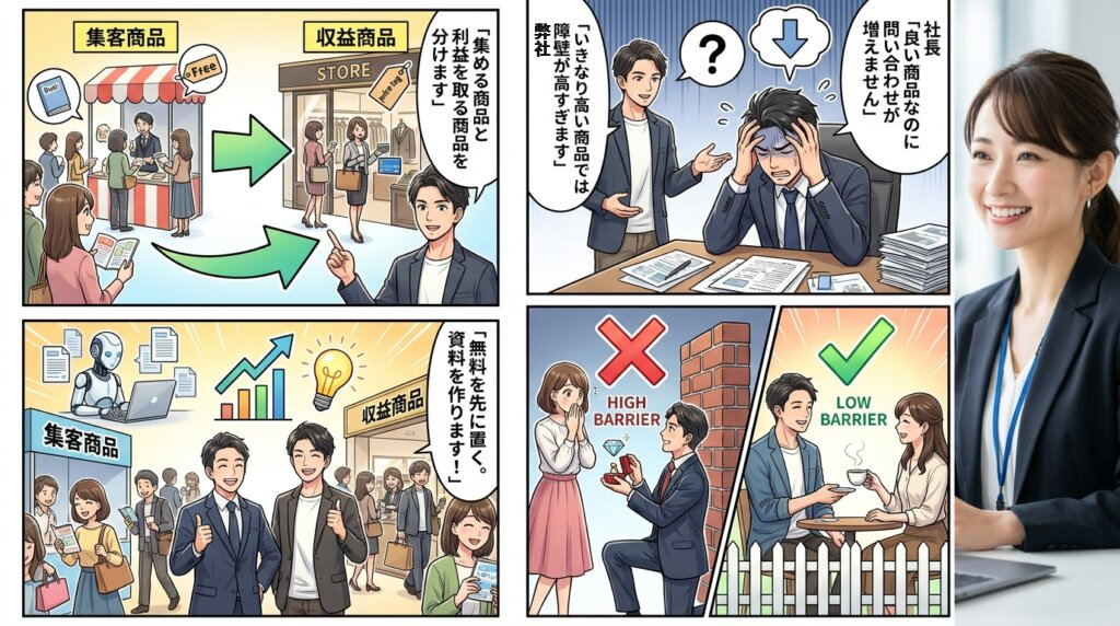 良い商品なのに問い合わせが増えないと悩む社長に、コンサルタントがいきなり高い商品では障壁が高すぎると指摘し、集める商品と利益を取る商品を分けようと伝える4コマ漫画。