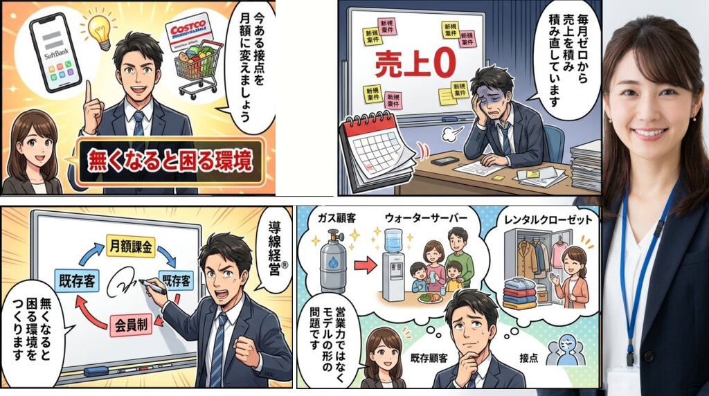 毎月ゼロから売上を積み直す社長が、営業力ではなくビジネスモデルの形が問題だと気づき、今ある接点を月額へ変えると決めるまでを描いた4コマ漫画。