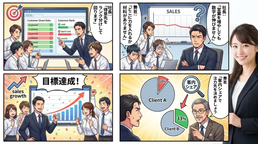 営業を増やしても数字が伸びない社長が、注力先を決める材料がないことに気づき、客内シェアで得意先をランク分けすると決めるまでを描いた4コマ漫画。