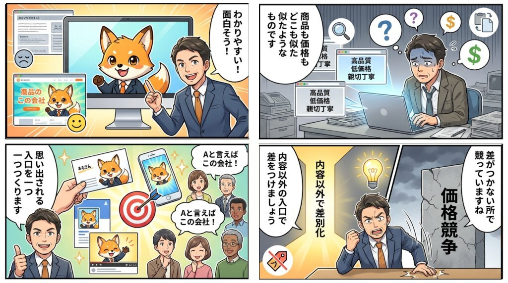 商品も価格も似ていて差がつかないと悩む社長が、内容以外の入口で差をつけると気づき、思い出される入口を一つつくると決めるまでを描いた4コマ漫画。