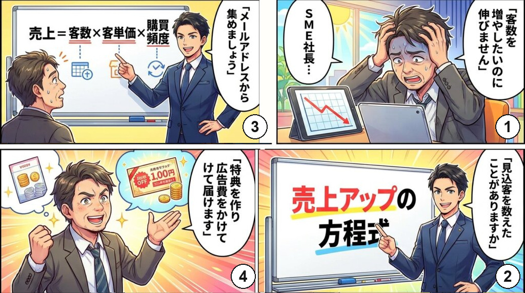 客数が伸びないと悩む社長が、見込客を数えていないことに気づき、メールアドレスを集めて特典を広告で届けると決めるまでを描いた4コマ漫画。