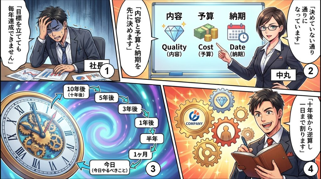目標を立てても毎年達成できない社長が、決めていない通りになっているだけだと気づき、内容・予算・納期を先に決め、十年後から逆算して一日まで割ると決めるまでを描いた4コマ漫画。