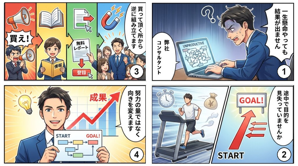 web集客で結果が出ない社長に、途中で目的を見失っていないかと問い、買って頂く所から逆に組み立てると伝え、努力の量ではなく向きを変えると決める4コマ漫画。