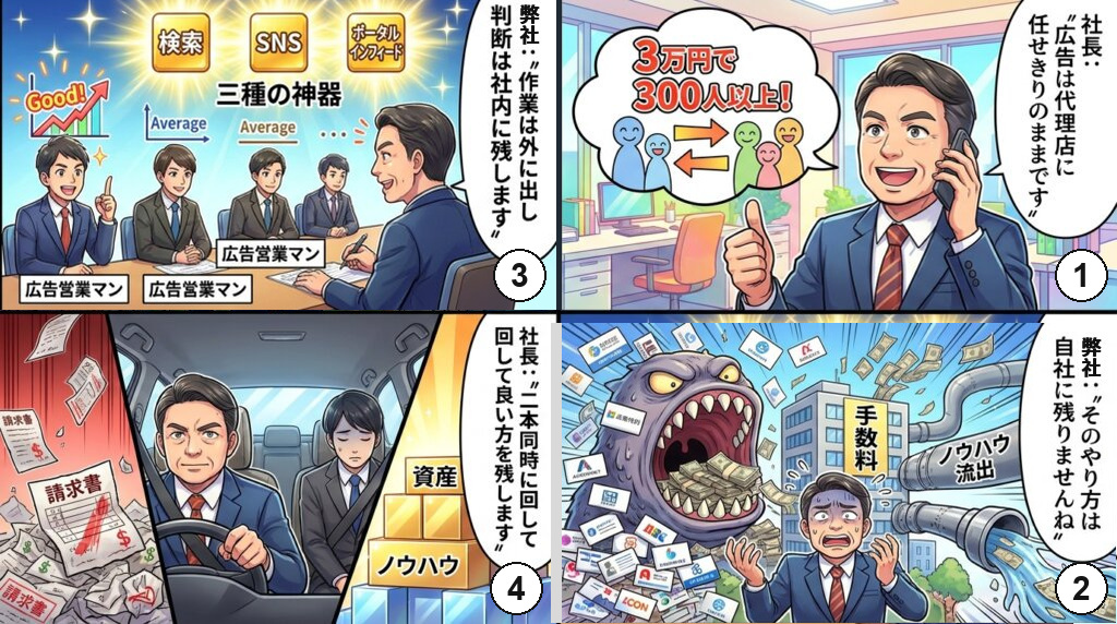 広告を代理店に任せきりの社長に、そのやり方は自社に残らないと伝え、作業は外に出して判断は社内に残すと示し、二本同時に回して良い方を残すと決める4コマ漫画。