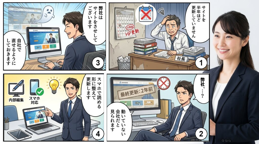 サイトを半年ほど更新していない社長に、動いていない会社だと見られると伝え、自社で直せるようにしておくと示し、スマホで読める形に整えて更新すると決める4コマ漫画。