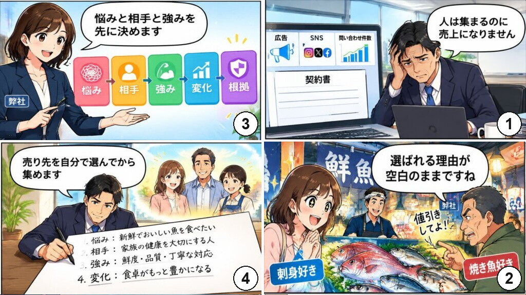 人は集まるが売上にならない社長が、選ばれる理由が空白だと気づき、悩み・相手・強みを先に決めて売り先を選ぶ4コマ漫画。