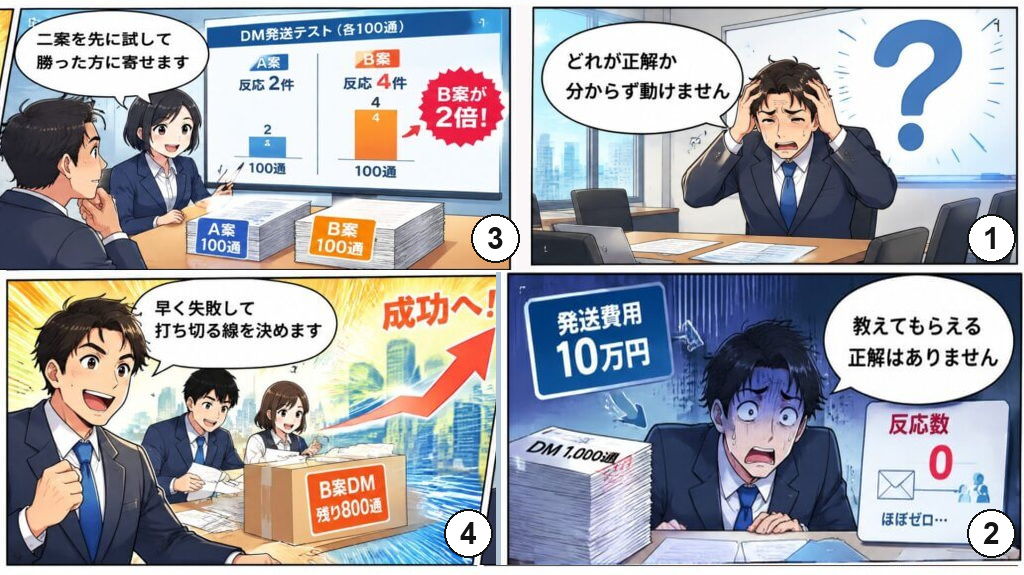 正解が分からず動けない社長が、正解は教えてもらえないと気づき、二案を先に試して勝った方に予算を寄せる4コマ漫画。