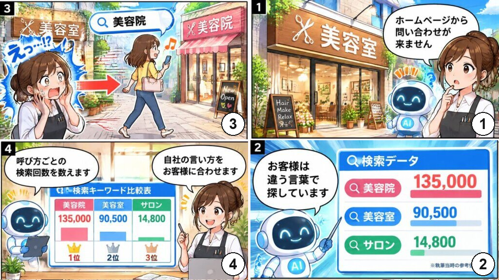 ホームページに問い合わせが来ない美容室が、お客様は美容院や美容室など違う言葉で探していると気づき、検索数に自社の呼び方を合わせる4コマ漫画。