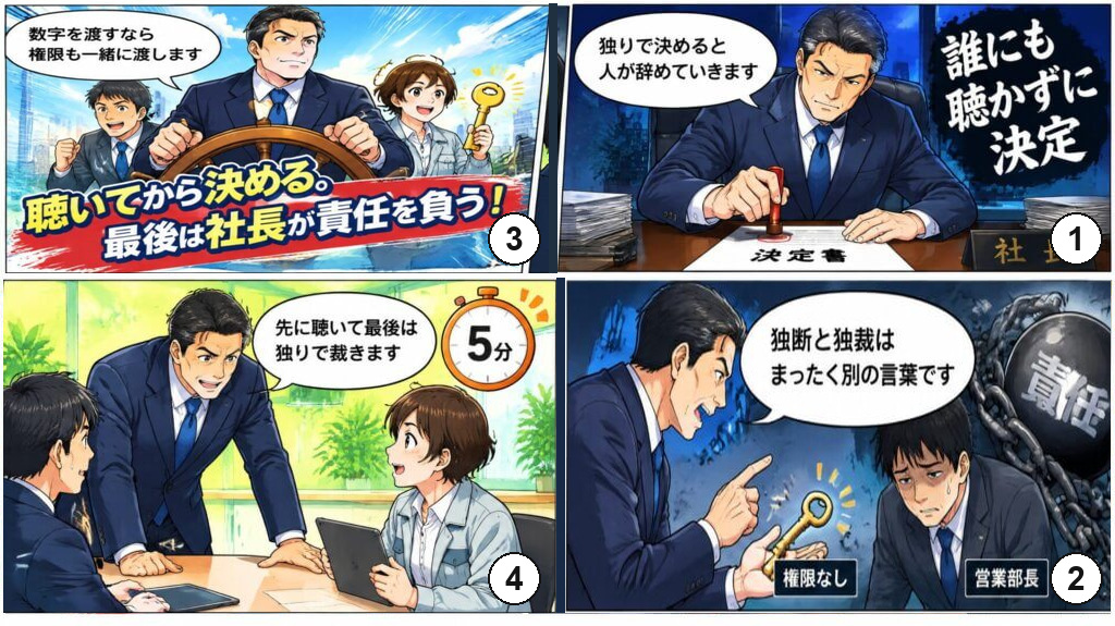 独りで決めて人が辞めていく社長が、独断と独裁は別の言葉だと気づき、先に聴いてから最後は自分で裁く決め方に変わる4コマ漫画。