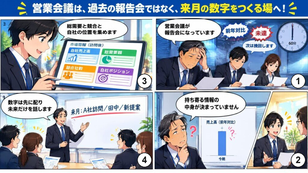 営業会議が報告会になっている会社が、持ち寄る数字を総需要・競合・自社の位置に揃え、事前に配って未来だけを話す会議に変わる4コマ漫画。