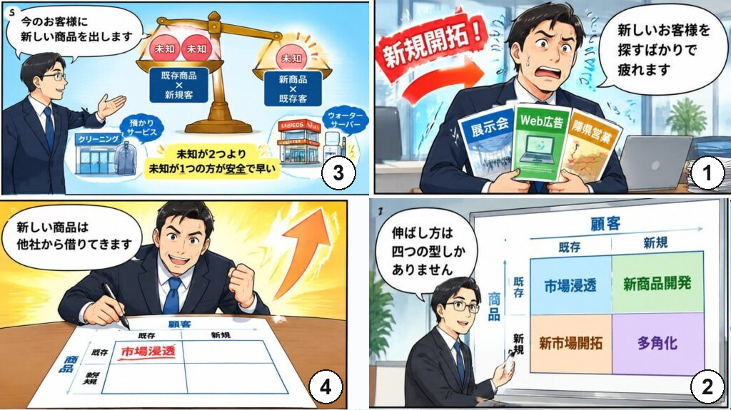 8割の社長が同じ新規開拓を選び遠回りする中、伸ばし方は商品×顧客の4つの型しかないと気づき、既存客に新しい商品を出す道を選ぶ4コマ漫画。